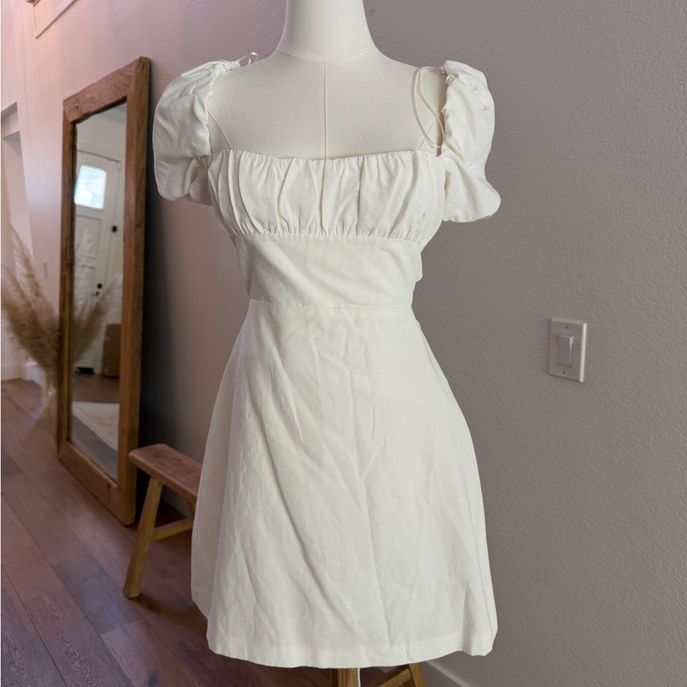 Zara Cream Puff-Sleeve Square-Neck Mini Dress